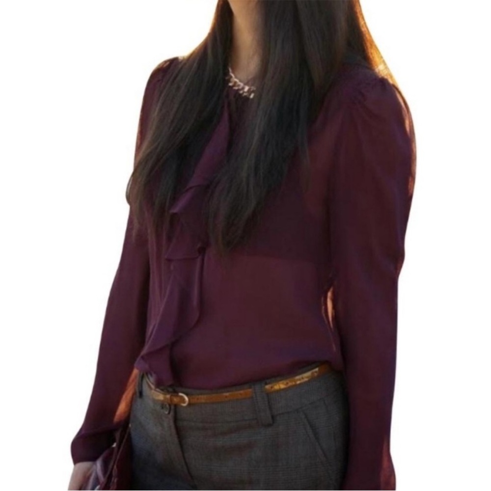 Anthropologie Moulinette Soeurs burgundy silk ruffle button down sheer blouse